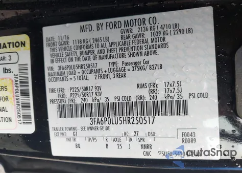 2017 Ford Fusion Hybrid Se z USA, uszkodzony, nr VIN 3FA6P0LU5HR250517